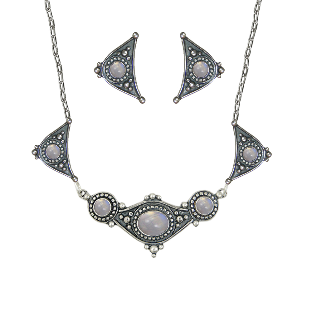 Sterling Silver Designer Necklace Earrings Rainbow Moonstone